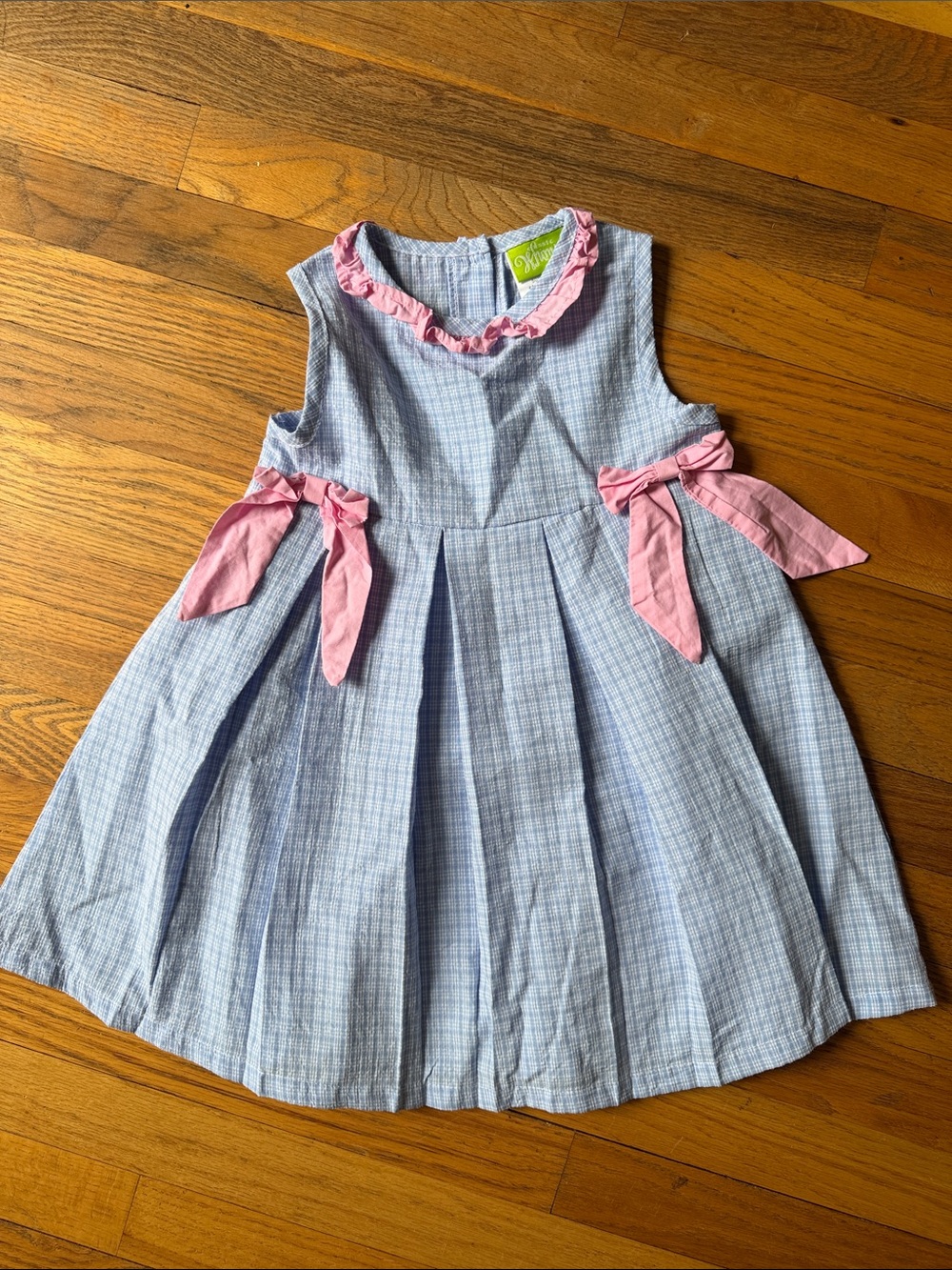 Classic Whimsy Girls Blue Gingham Dress with Pink Bow Accents